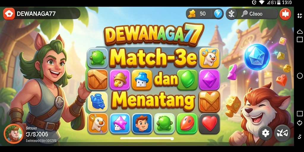 Tampilan gameplay seru DEWANAGA77 dengan kombinasi Match-3 yang menarik.