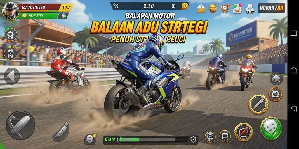 Gameplay seru dari INDOBIT88 dengan balapan motor yang mendebarkan.