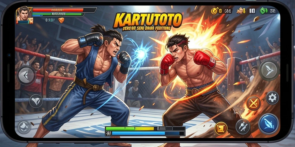 Tangkapan layar gameplay KARTUTOTO menampilkan duel pertarungan yang intens dan menegangkan.