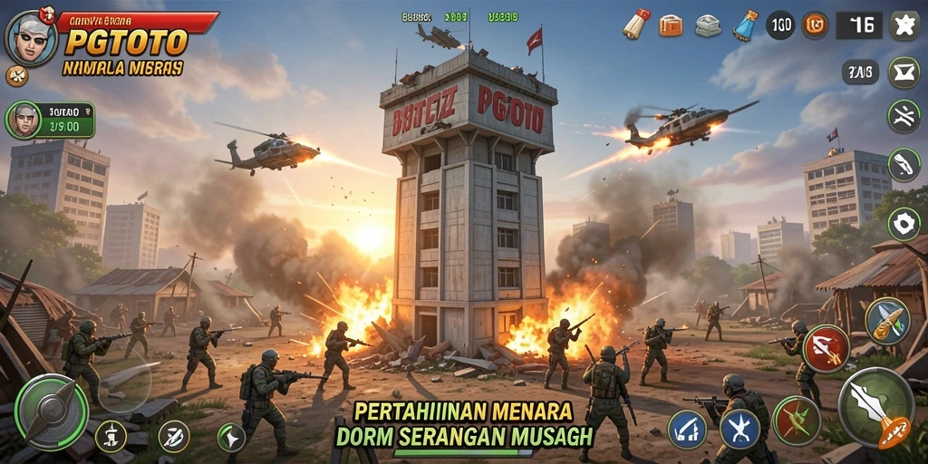 Screenshot PGTOTO menampilkan aksi seru dalam pertahanan menara.