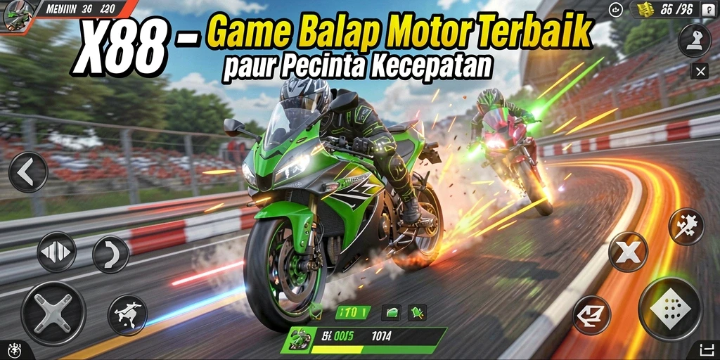 Screenshot X88 menampilkan aksi balap motor yang mendebarkan.